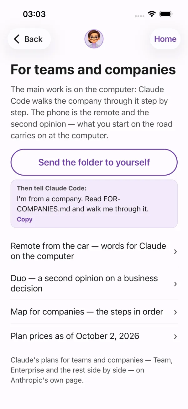 Poly A1, the For teams and companies screen: send the folder to yourself, then tell Claude Code “I'm from a company. Read FOR-COMPANIES.md and walk me through it.” Remote from the car, Duo for a business decision, map for companies, plan prices with their date.