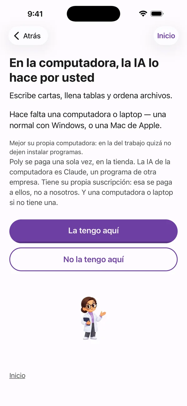 Poly A1, pantalla Computadora: en la computadora, la IA lo hace por ti — escribe cartas, llena tablas y ordena archivos.