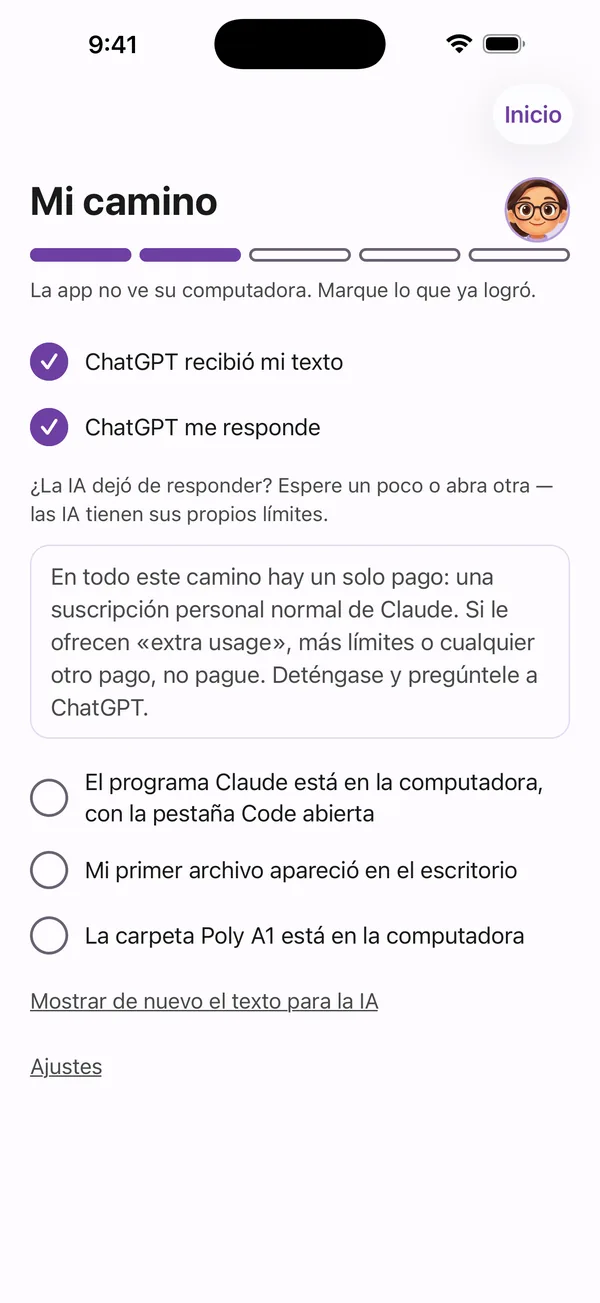 Poly A1, Mi camino: cinco pasos, con marcas en lo que ya hiciste.