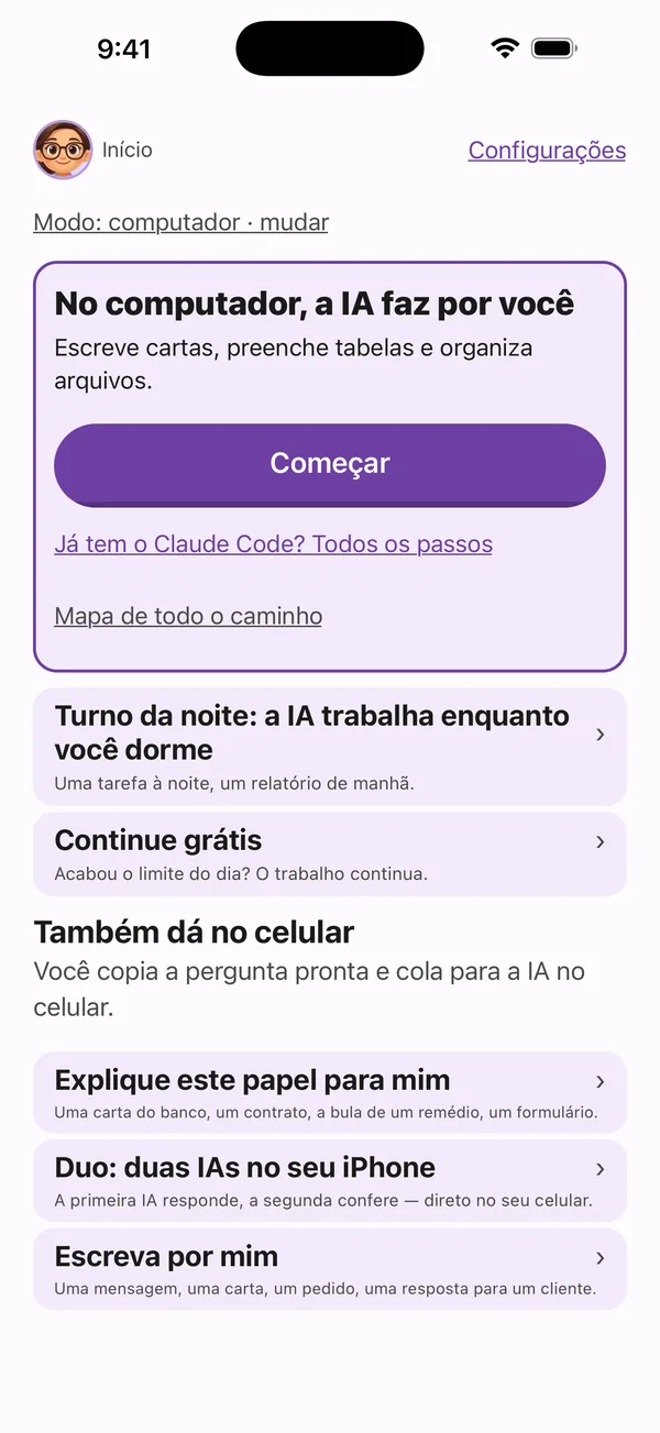 Tela inicial do Poly A1 no iPhone: No computador, a IA faz por você — Começar. Explique este documento para mim, Escreva por mim, Mostre o que você sabe fazer, Uma segunda IA.