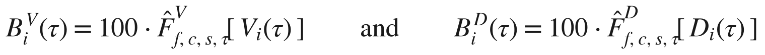 where V_i(τ) and D_i(τ) are cumulative abstract views and downloads and F̂^V, F̂^D are the empirical distribution functions of those counts within the reference class defined by f, c, s, and τ. The definition fixes the estimand, a percentile within a stated reference class. No F̂ can be written…