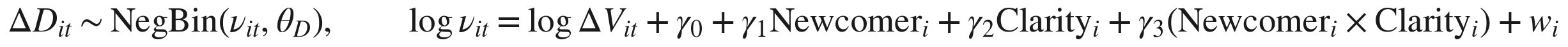 where λ_{f×age} are field-by-age effects, δ_t calendar-date effects, u_i and w_i paper-level heterogeneity, and the log-views offset in the second equation makes downloads conditional on landing-page exposure. The Newcomer × Clarity interaction γ_3 is the H4 test. These equations fix the…